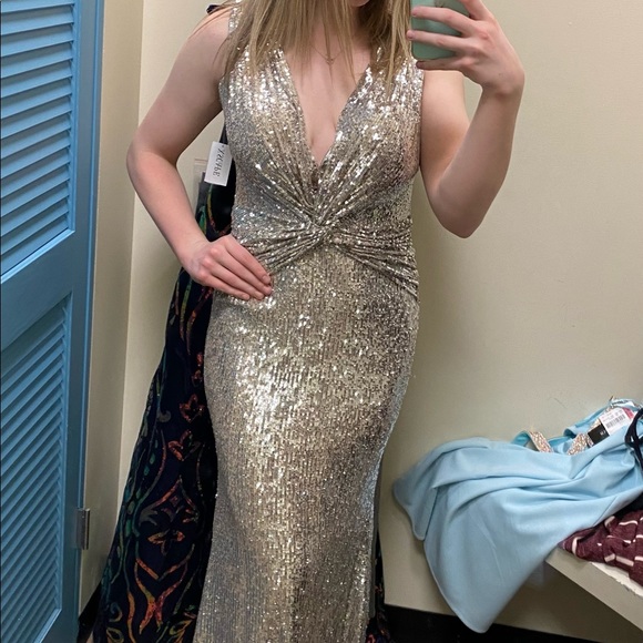 dillards silver prom dress Silver Sequined One Shoulder Corset Slit Long Train Prom Dress